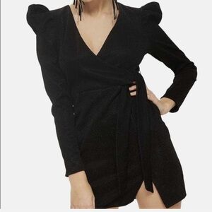 TOPSHOP black sparkly dress belted puff long sleeve